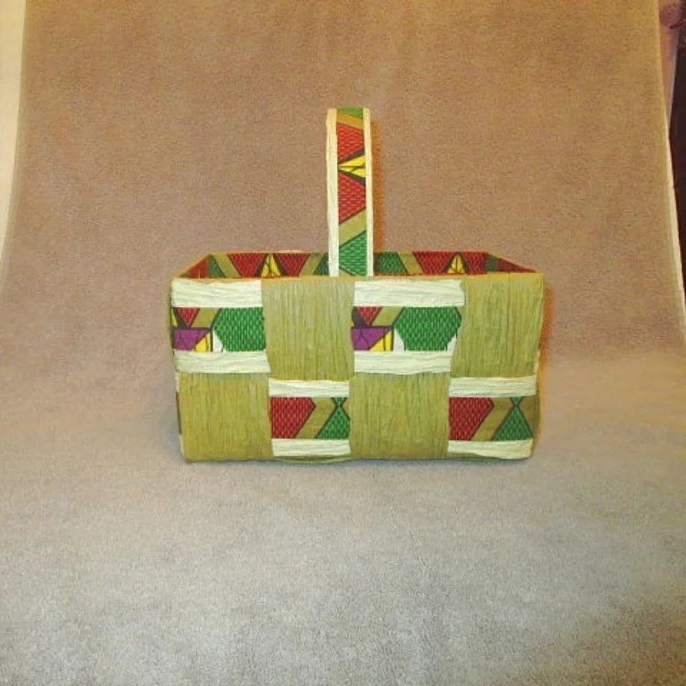 Vtg Time Crafters Basket Raffia Patchwork Beads Hand Woven Lined Colorful Boho
